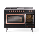 Dual fuel range with two oven doors open, copper handles, black frame and glass windows