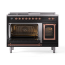 Dual fuel range with main and secondary ovens open, copper-trimmed handles, black exterior