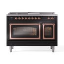 Dual fuel range with two glass oven doors closed, copper trim and glossy black front