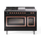 ILVE Nostalgie II Noblesse 48-Inch 5.02 Cu. Ft. Dual Oven Natural Gas Dual Fuel Range with 5 Burners, Griddle, French Top and Triple Glass Door in Glossy Black with Copper Trim (UN48FSNMPBKP)