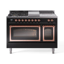 Dual fuel range with burners on top and two oven doors closed, copper-trimmed control panel