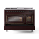 Burgundy dual fuel range with closed double oven doors and bronze-trim control panel