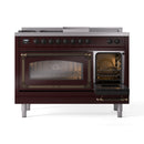 Burgundy dual fuel range with one oven door open, glass window interior view