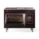 Burgundy dual fuel range with left oven door open and bronze handle details