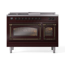 Burgundy dual fuel range with two glass oven doors and front control knobs