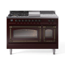 Burgundy dual fuel range with cooktop burners and double glass oven doors