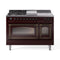 ILVE Nostalgie II Noblesse 48-Inch 5.02 Cu. Ft. Dual Oven Natural Gas Dual Fuel Range with 5 Burners, Griddle, French Top and Triple Glass Door in Burgundy with Burnished Bronze Trim (UN48FSNMPBUB)