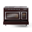 Burgundy dual fuel range with triple glass oven doors and chrome handles