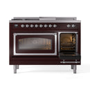 Burgundy dual-fuel range with left oven window and right oven door open.