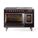 Burgundy dual fuel range with oven interior visible and open right door