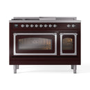 Burgundy dual-fuel range front with chrome control knobs and two glass oven doors.