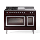 Burgundy dual-fuel range with chrome trim, two glass ovens, and griddle on top.