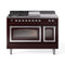 ILVE Nostalgie II Noblesse 48-Inch 5.02 Cu. Ft. Dual Oven Natural Gas Dual Fuel Range with 5 Burners, Griddle, French Top and Triple Glass Door in Burgundy with Chrome Trim (UN48FSNMPBUC)
