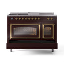Burgundy gas range with brass trim, both oven doors closed with glass windows