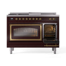 Burgundy range with triple glass door oven and right oven door open