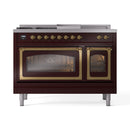 Burgundy dual fuel range front view with brass knobs and triple glass door oven