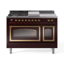 Burgundy gas range with brass trim, burners and oven windows with racks visible