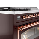 Copper-trimmed control panel with burner knobs on burgundy dual-fuel range