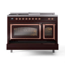 Burgundy dual-fuel range with copper trim, two glass oven doors, and burner controls