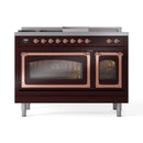 Burgundy dual-fuel range with two glass oven doors and copper-trim handles