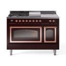 Burgundy dual-fuel gas range with French top, griddle, five burners, copper-trim ovens