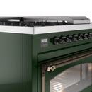 Emerald green range front panel with digital clock display and bronze knob controls