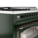 Emerald green range control panel with timer display and oven handle, side view