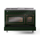 Emerald green dual fuel range with bronze trim, glass oven doors and burner control knobs