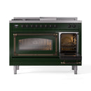 Emerald green dual-fuel range with open oven door showing interior racks
