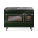 Emerald green range with two closed glass oven doors and bronze hinge hardware