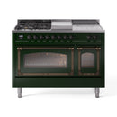 Emerald green gas range with bronze trim, dual glass ovens and control knobs