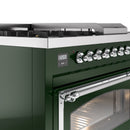 ILVE emerald green dual-fuel range control panel with chrome knobs and oven handle