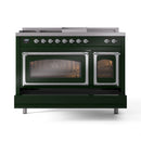 Emerald green range with two glass oven doors closed and chrome latches