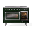 ILVE emerald green dual-fuel range with left glass oven door closed and right door open