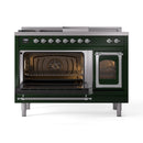 Emerald green gas range with both oven doors open, showing interior racks and burner grates