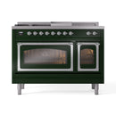 ILVE emerald green dual-fuel range front with chrome knobs and two glass oven doors