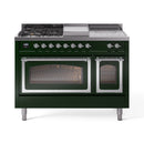 Emerald green range with burners, griddle top, and chrome-framed double oven doors