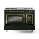 Emerald green dual-fuel range with brass trims, glass oven doors, and control panel