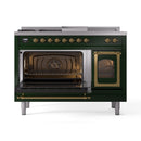 Emerald green dual fuel range with both ovens open, showing racks and interior