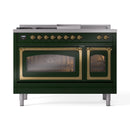 Emerald green dual fuel range with two closed glass oven doors and brass handles