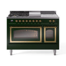 Emerald green dual fuel range with griddle top and glass oven doors