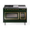 ILVE Nostalgie II Noblesse 48-Inch 5.02 Cu. Ft. Dual Oven Propane Gas Dual Fuel Range with 5 Burners, Griddle, French Top and Triple Glass Door in Emerald Green with Brass Trim (UN48FSNMPEGGLP)