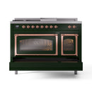 Emerald green dual fuel range with copper trim and two glass oven doors