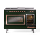 Emerald green range with one oven door open and copper-trimmed oven frame