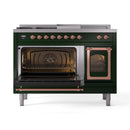 Emerald green dual fuel range with both oven doors open and copper trim details