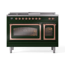 Emerald green range with twin oven doors closed, copper-trimmed frames, and burner knobs