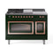 ILVE Nostalgie II Noblesse 48-Inch 5.02 Cu. Ft. Dual Oven Propane Gas Dual Fuel Range with 5 Burners, Griddle, French Top and Triple Glass Door in Emerald Green with Copper Trim (UN48FSNMPEGPLP)