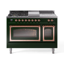 Emerald green dual fuel range with copper-trimmed control panel and two oven doors