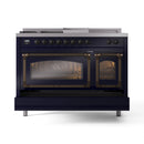 Midnight blue dual-fuel range, ovens open, bronze trim, front view
