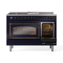 Midnight blue range with left oven open and right oven door open, front view